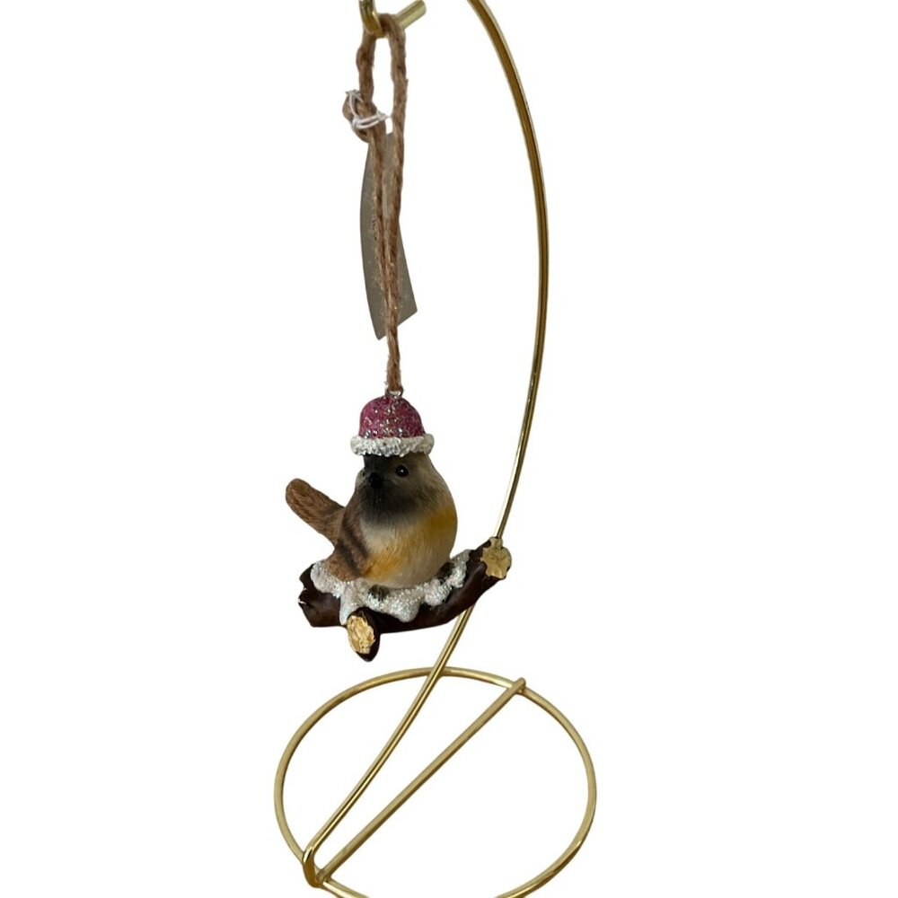 Glittery Chickadee Bird on Branch Christmas Ornament Santa Hat Heartland Holiday